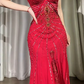 Charming Spaghetti Straps V Neck Chiffon Beaded Mermaid Party Dress Red Birthday Prom Gowns SP1755