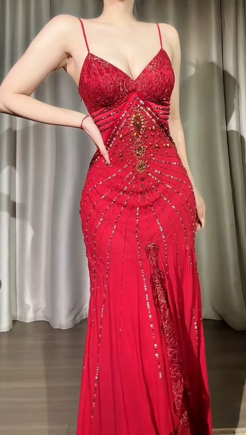 Charming Spaghetti Straps V Neck Chiffon Beaded Mermaid Party Dress Red Birthday Prom Gowns SP1755