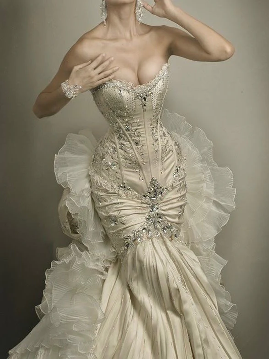 Vintage Strapless Apricot Satin Beaded Pleated Mermaid Long Prom Dress Evening Dress Y9711