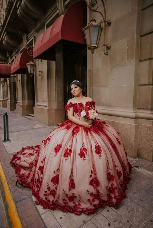 Red Lace Quinceanera Dress Ball Gown Off Shoulder Sweet 16 Party Dress Y6424