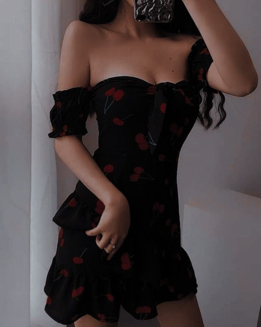 Pretty Off The Shoulder Black Satin Printed Floral Short Homecoming Dress Birthday Outfits SP07