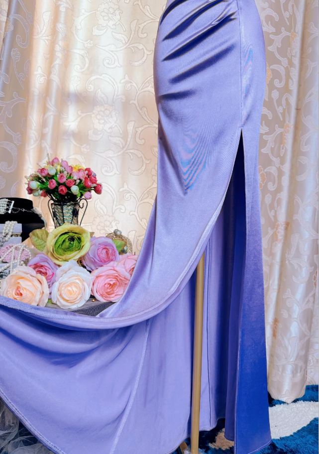 Classy Spaghetti Straps Purple Satin Appliques Mermaid Slit Party Dress Long Wedding Guest Dress SP1943