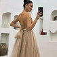 Spaghetti Straps Navy Blue V-neck A-line Long Fashion Prom Dresses Y5912