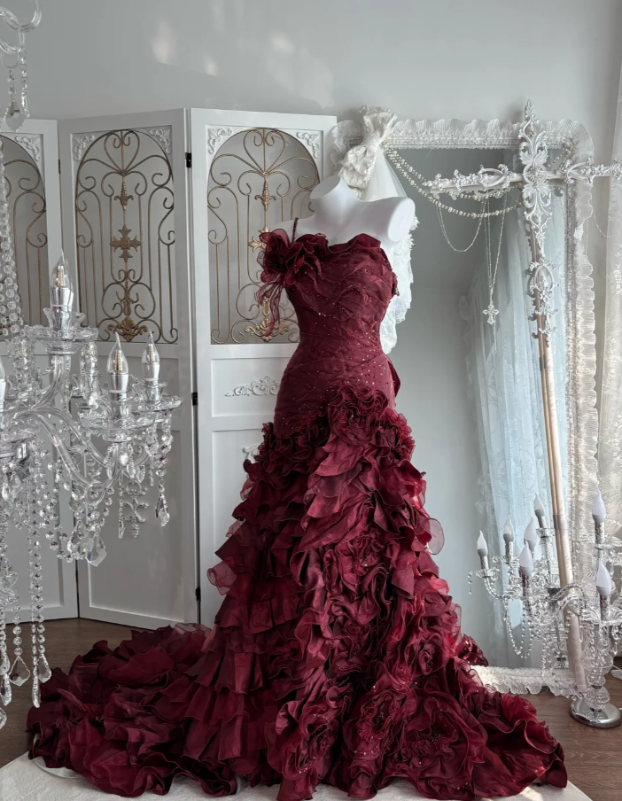 Charming Burgundy One Shoulder Beaded Satin Pleated Flowers Mermaid Long Birthday Prom Dress Party Gown SP1469