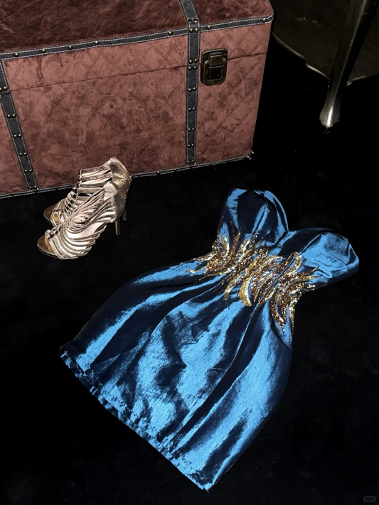Stylish Blue Sweetheart Neck Satin Sequin Beaded Sheath Cocktail Dress Formal Short 8th Grade Homecoming Dress Y9218