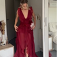 Beautiful Burgundy Chiffon Ruffles Evening Dress Slit Prom Dress Y7715