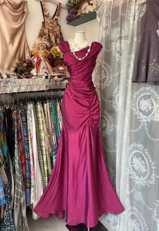 Retro Hot Pink Satin Pleated Mermaid Long Party Dress Prom Gown SP1229