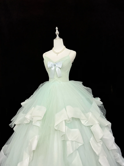 Sweet Spaghetti Straps Mint Green Tulle Ball Gown Formal Quinceanera Dress With Bow SP2218