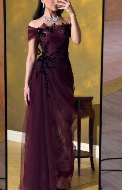 Charming Burgundy Off The Shoulder Tulle Lace Long Wedding Guest Dress Evening Gown SP1290