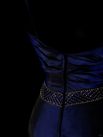 Gorgeous Spaghetti Straps Navy Blue Satin Beaded Mermaid Long Evening Dress Birthday Party Dress SP4075