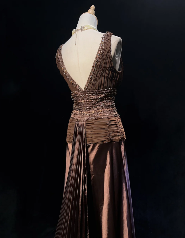 Vintage Brown Satin Chiffon Beaded Mermaid Long Party Dress Birthday Prom Dress SP1860