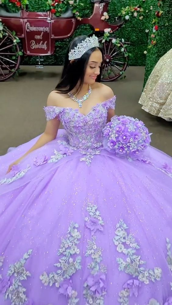 Glitter Off The Shoulder Lilac Ball Gown Sweet 16 Dress  Y4293