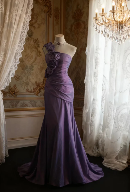 Classy One Satin Pleated Purple Mermaid Party Dress Formal Wedding Guest Dress SP749