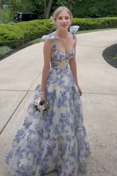A-line Blue Floral Print Long Prom Dress,Blue Evening Dress Y2560 Simplepromdress A-line Blue Floral Print Long Prom Dress,Blue Evening Dress Y2560 Simplepromdress
