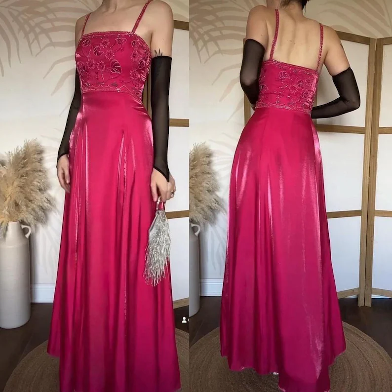 Vintage Spaghetti Straps Hot Pink Satin Beaded A Line Long Prom Dress Birthday Evening Dress SP1900