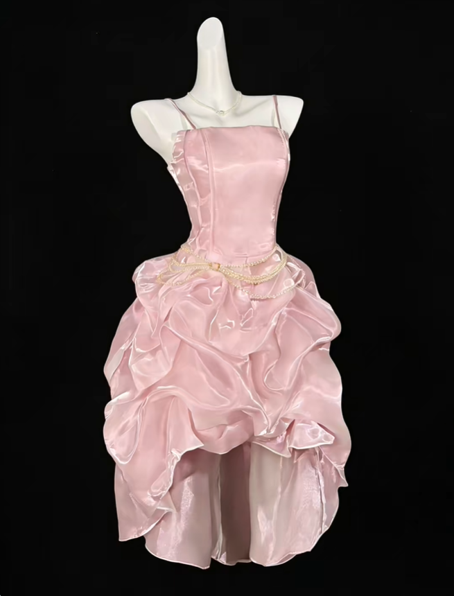 Charming Pink Satin Organza Short Graduation Homecoming Dress,Spaghetti Straps Short Prom Gown SP3531