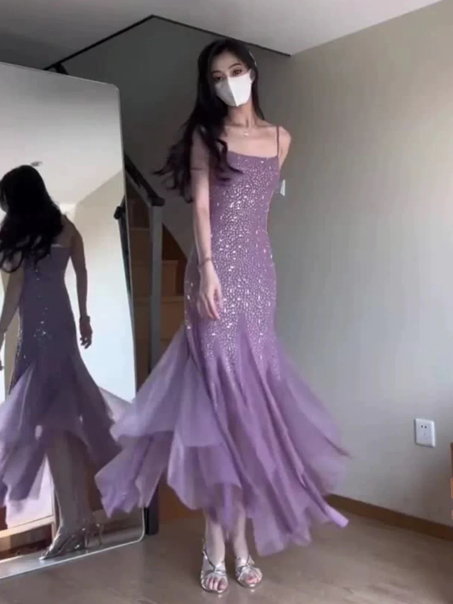 Sexy Mermaid Spaghetti Straps Purple Chiffon Beaded Evening Dress Prom Dress  Y7812