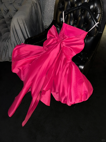 Cute Hot Pink Strapless Satin Pleated A Line Graduation Homecoming Dress Short Birthday Outfits Cocktail Dress Y9341
