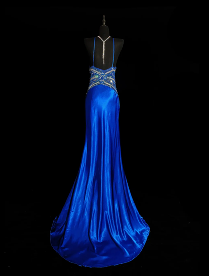 Gorgeous Royal Blue Spaghetti Straps Satin Pleated Sequin Beaded Mermaid Prom Dress Backless Long Party Dress SP443