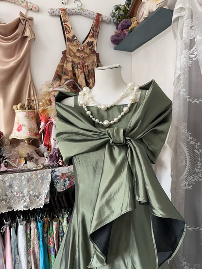 Unique Green Satin A Line Long Party Dress Formal Prom Dress Y9469