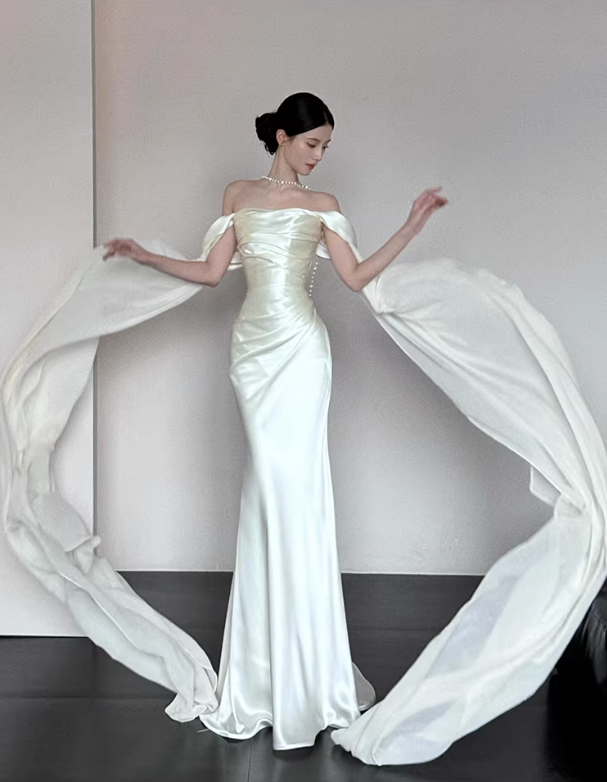 Glamorous Off The Shoulder Satin Chiffon Mermaid Long Evening Dress White Birthday Prom Dress SP2021