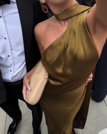 Sexy Olive Green Halter Satin Mermaid Evening Dress Backless Long Wedding Guest Dress SP1100