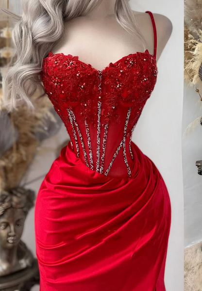 Glamour Spaghetti Straps Satin Beaded Appliques Pleated Mermaid Prom Dress Pink Party Dress SP4196