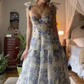 Blue Flower Pattern Prom Dress Spaghetti Strap Princess Formal Occasion Dresses A-line Party Dress Y2722