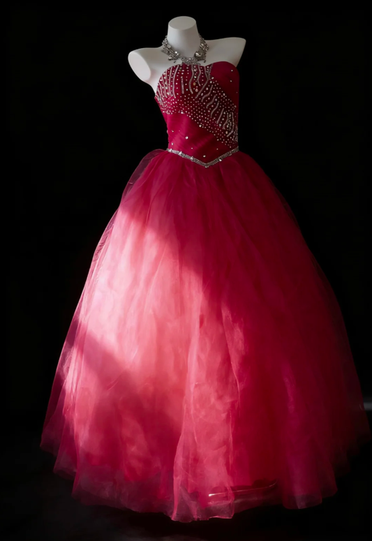 Pretty Rose Red ball Gown Strapless Tulle Beaded Long Birthday Prom Dress Evening Gown SP1846
