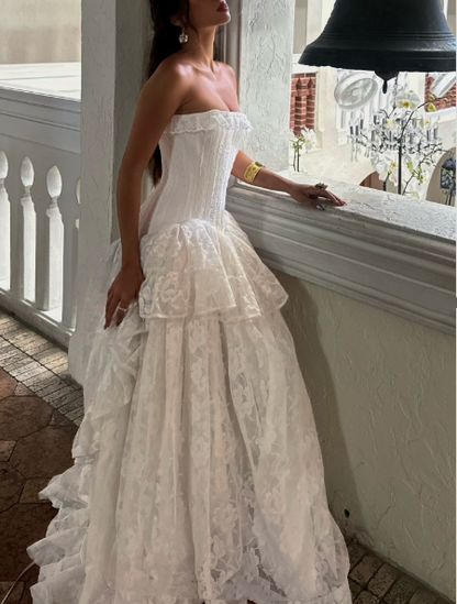 Classy Strapless White Lace Long wedding Dress Bridal Dress SP1115