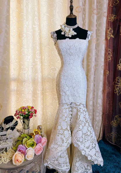 Elegant Spaghetti Straps White Lace Mermaid Long Party Dress Birthday Prom Dress SP1945