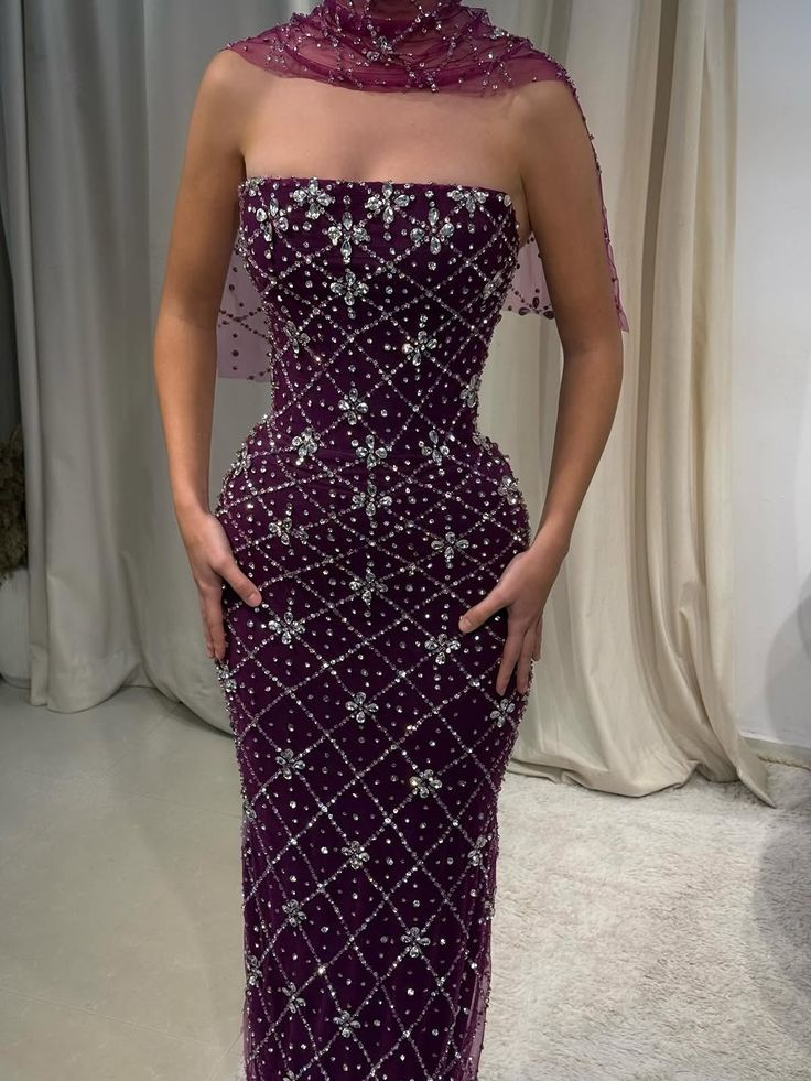 Luxurious Strapless Purple Tulle Beaded Long Evening Dress Birthday Prom Dresses SP1396