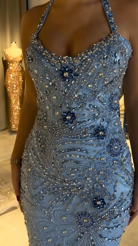 Gorgeous Halter Blue Satin Tulle Beaded Mermaid Long Party Dress Prom Gown SP4182