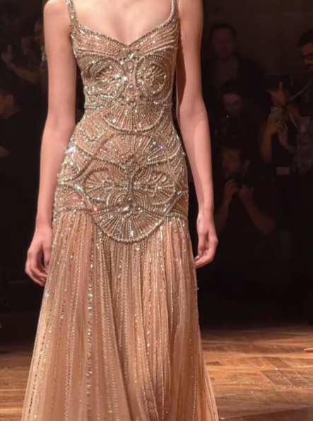 Luxurious Spaghetti Straps Champagne Tulle Beaded Mermaid Evening Dress Formal Prom Dress SP550