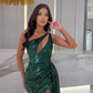 Emerald Green One Shoulder Sleeveless Mermaid Prom Dress Sequins With Split Y5908