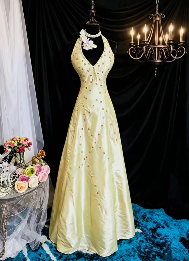Charming Halter Ball Gown Yellow Satin Beaded Long Prom Dress Evening Gowns With Wrap SP2379