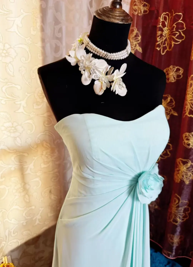 Classy Blue Strapless Chiffon Long Party Dress Birthday Dress With Floral SP1952