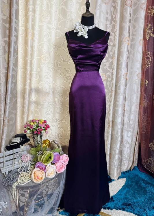 Stylish Spaghetti Straps Purple Satin Mermaid Long Evening Dress Birthday Dress SP1890