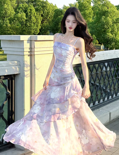 Pretty Spaghetti Straps Purple Chiffon Ruffles Print Floral Mermaid Long Party Dress Birthday Prom Gowns SP1992