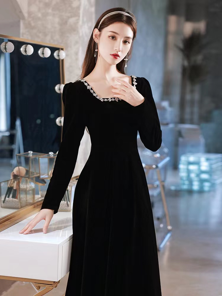 Black evening dress,high sense velvet long sleeve evening dress, custom made Y2934