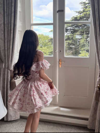 Glamorous Pink Lace Satin Floral A Line Short 7th Grade Homecoming Dress,Off The Shoulder Mini Birthday Dress SP3215