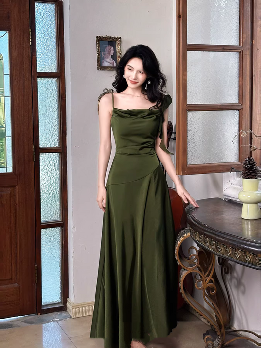 Vintage Olive Green Satin Slit Long Prom Dress Birthday Party Dress SP2008