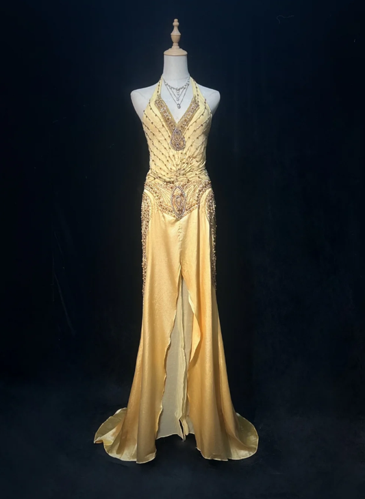 Sexy Halter V Neck Yellow Satin Beaded Mermaid Long Evening Dress 20th Birthday Outfits SP1794