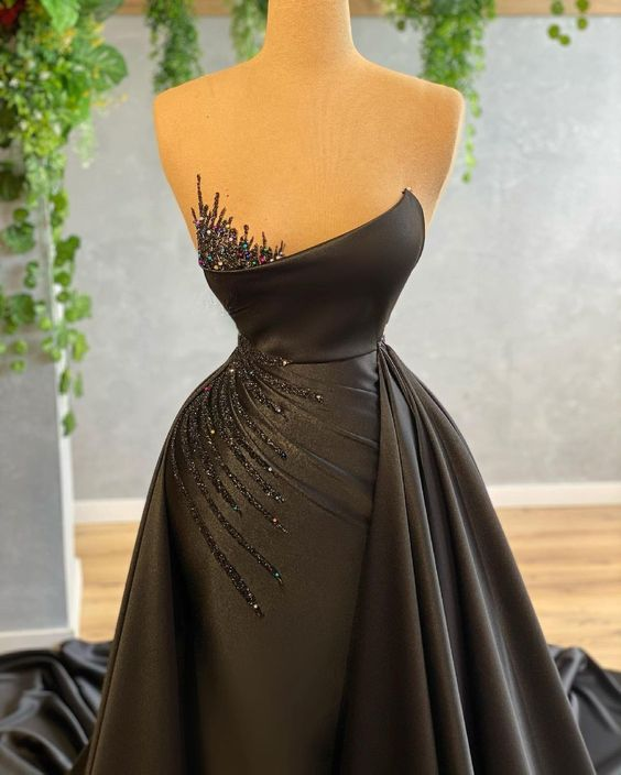 Black Detachable Train Prom Dresses For Women Beading Pleated Evening Dresses Y6676