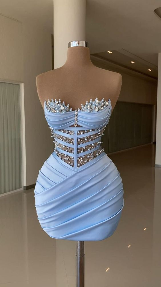 Sexy Blue Bodycon Dress with Pleated,Blue Homecoming Dress Y4131