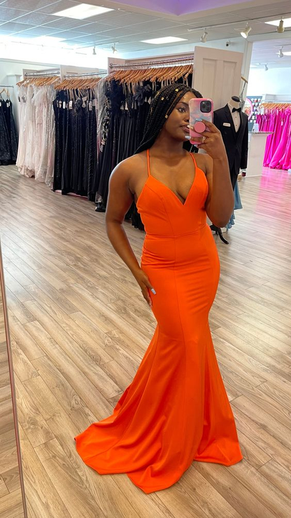Simple Orange Satin Mermaid Long Prom Dress Orange Evening Dress