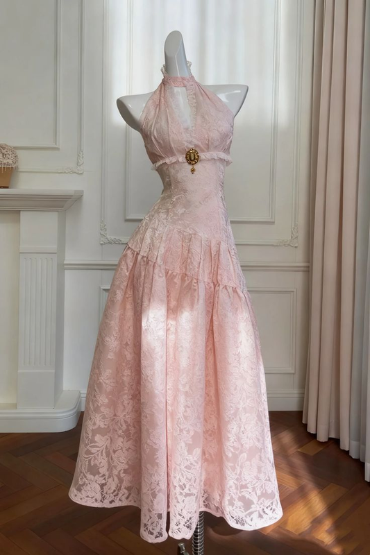 Cute Pink Halter Satin Lace Floral A Line Birthday Prom Dress Long Party Gown SP1567