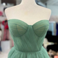 Green Strapless Floral Long Prom Dresses, Green Formal Dresses, Green Tulle Evening Dresses Y4640