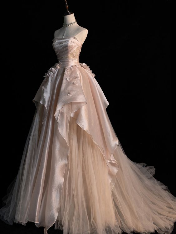 Generous Pink Strapless A-line Tulle Evening Dress,Glam Dress  Y6761