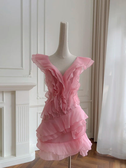 Elegant V Neck Peach Pink Chiffon Ruffle Short 6th Grade Homecoming Dress Cocktail Dress SP2596